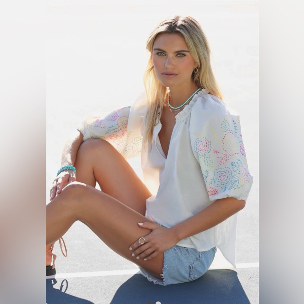 Full Bloom Dylan Blouse with Embroidered Sleeves